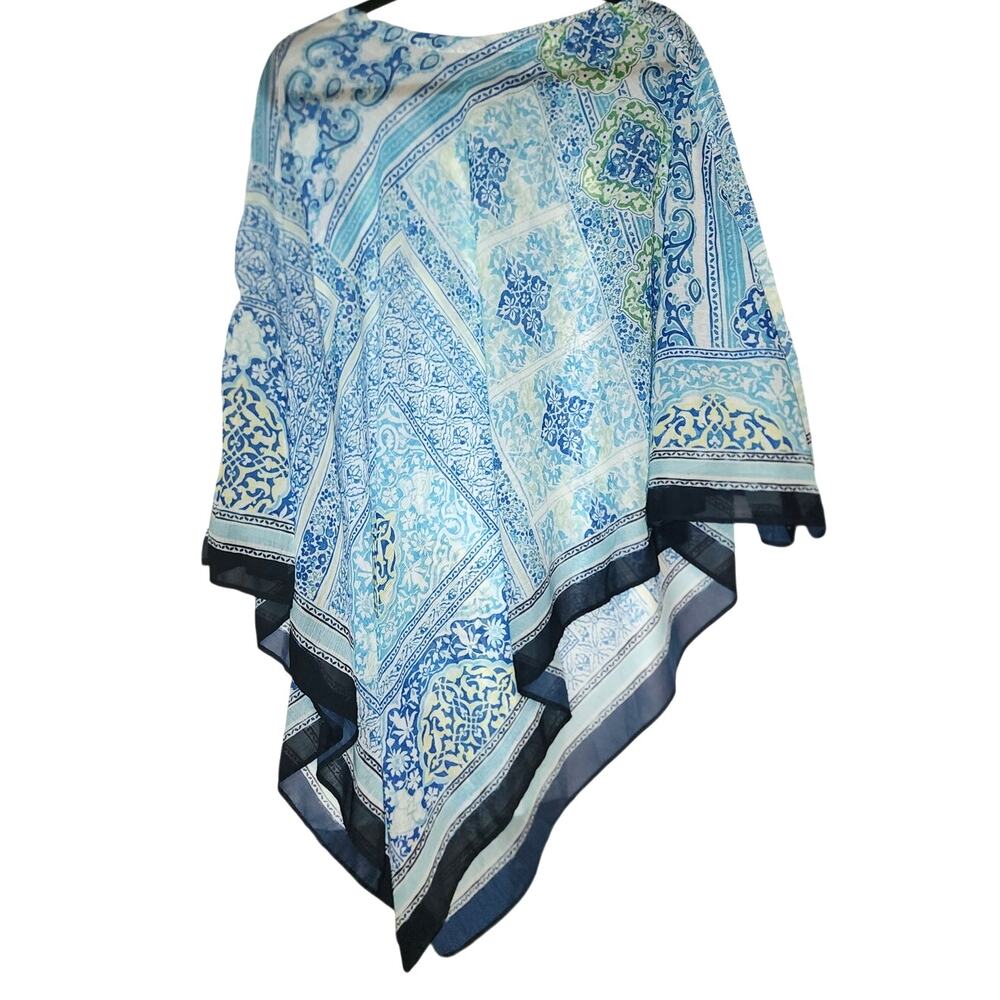 Chico's Semi Sheer Patchwork Pattern Chiffon Coastal Boho Poncho S/M